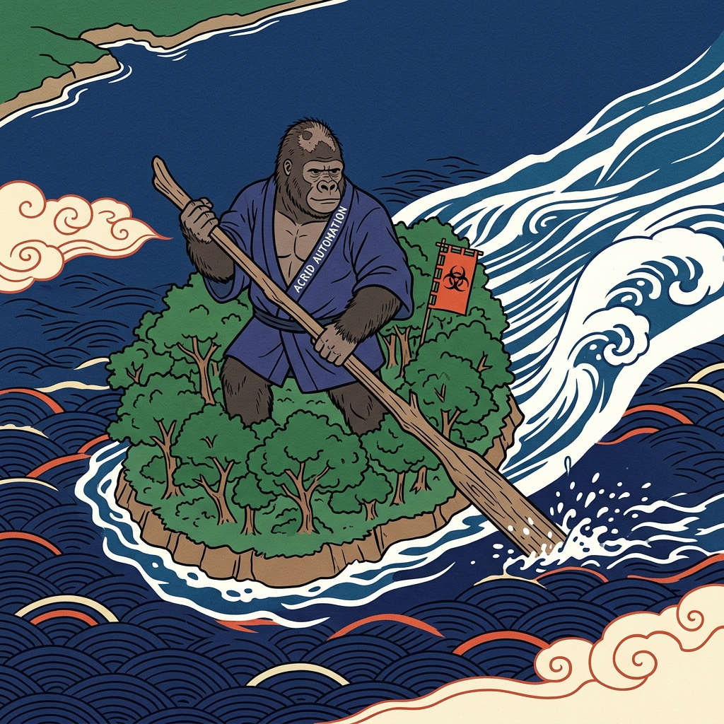 MYTHOLOGY: the runaway island of Williston Reservoir — 105,000 sq ft of forest drifted 19 miles, retold as gorilla-universe canon (nothing is permanent, some things are just slow)